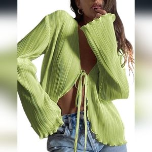 Tie up plisse blouse Y2k lime green long bell sleeve